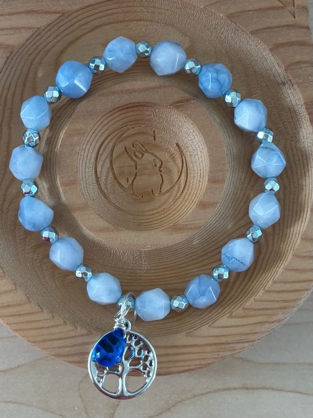 Blue Chalcedony & Blue Hematite Bracelet with Tree of Life